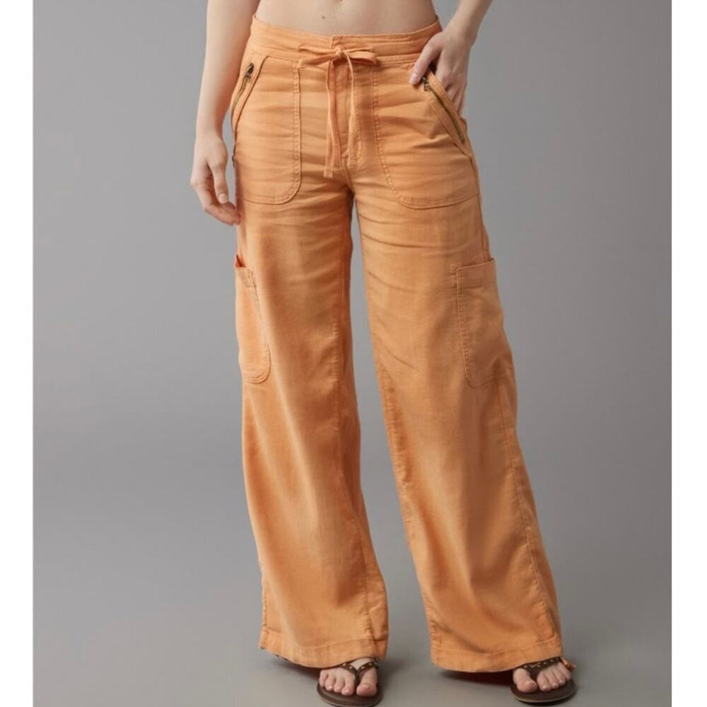 AMERICAN EAGLE | Orange Dreamy Drape Linen-Blend Baggy Wide-Leg Cargo Pant | 18